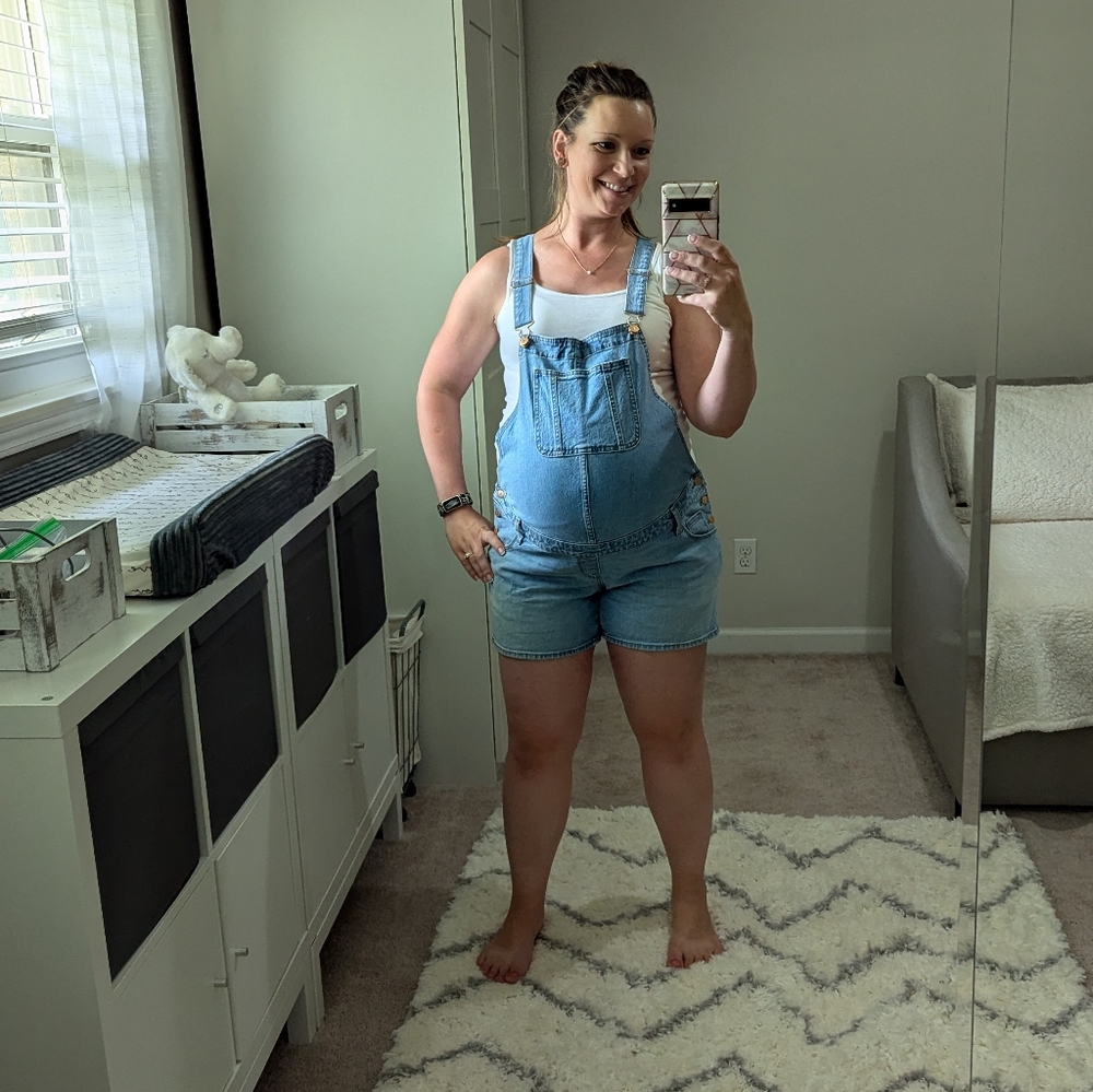 Isabel Light Blue Denim Short Overalls - Women's Maternity Jumpsuit Size 10